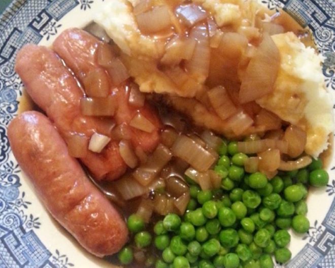delicious bangers and mash in onion gravy